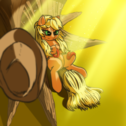 Size: 1500x1500 | Tagged: safe, artist:akayuki, applejack, pony, g4, applejack's hat, cowboy hat, crepuscular rays, female, hair tie, hat, hatless, loose hair, missing accessory, perspective, solo, tree