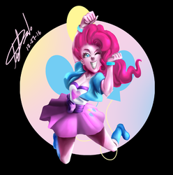 Size: 1024x1034 | Tagged: safe, artist:alexisdel, pinkie pie, equestria girls, g4, balloon, black background, boots, bracelet, breasts, cleavage, clothes, female, jewelry, one eye closed, simple background, skirt, skirt lift, smiling, solo, wink