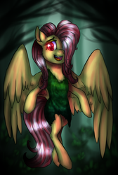 Size: 768x1140 | Tagged: safe, artist:not-ordinary-pony, idw, fluttershy, pony, g4, ponies of dark water, bipedal, clothes, crossover, dress, female, hair over one eye, open mouth, poison ivy, poison ivyshy, red eyes, smiling, solo, spread wings