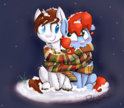 Size: 2598x2270 | Tagged: safe, artist:pucksterv, oc, oc only, oc:panic moon, oc:watcher, pony, unicorn, blushing, christmas, clothes, high res, scarf, shared clothing, shared scarf, snow, unshorn fetlocks