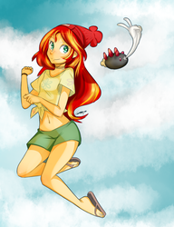 Size: 805x1050 | Tagged: safe, artist:cronavongorgon, sunset shimmer, pyukumuku, equestria girls, g4, belly button, clothes, crossover, female, midriff, nintendo, peace sign, pokémon, pokémon sun and moon, sandals, shorts, smiling, solo, trainer