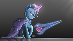 Size: 2200x1238 | Tagged: safe, artist:duskie-06, trixie, pony, unicorn, g4, chest fluff, clothes, crossover, dirt, dirty, energy sword, female, fluffy, frown, glare, glowing horn, gradient background, gritted teeth, halo (series), horn, injured, levitation, magic, mare, raised hoof, reflection, solo, sword, telekinesis, torn clothes, trixie's cape, weapon