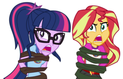Size: 2525x1622 | Tagged: safe, artist:sketchmcreations, sci-twi, sunset shimmer, twilight sparkle, equestria girls, g4, my little pony equestria girls: legend of everfree, bondage, clothes, commission, glasses, open mouth, screaming, shorts, simple background, transparent background, trapped, vector, vine