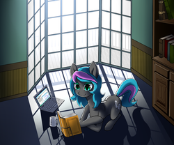 Size: 1800x1500 | Tagged: safe, artist:xonitum, oc, oc only, oc:obabscribbler, earth pony, pony, computer, laptop computer, mug, reading, solo