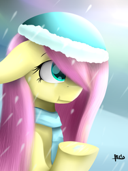 Size: 1500x2000 | Tagged: safe, artist:perhaps198, fluttershy, pegasus, pony, g4, clothes, female, floppy ears, hat, looking up, profile, scarf, snow, snowfall, solo