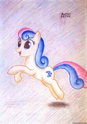 Size: 2000x2831 | Tagged: safe, artist:ponystarpony, bon bon, sweetie drops, earth pony, pony, g4, female, high res, jumping, solo, traditional art