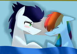 Size: 3484x2456 | Tagged: safe, artist:sapphireartemis, rainbow dash, soarin', pony, g4, bed, blushing, high res, male, ship:soarindash, shipping, straight