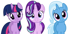Size: 1109x538 | Tagged: safe, starlight glimmer, trixie, twilight sparkle, alicorn, pony, unicorn, g4, c:, cute, diatrixes, female, glimmerbetes, head tilt, looking at you, mare, simple background, smiling, twiabetes, twilight sparkle (alicorn), vector, white background