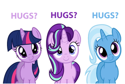 Size: 1100x738 | Tagged: safe, starlight glimmer, trixie, twilight sparkle, alicorn, pony, unicorn, g4, bronybait, cute, diatrixes, female, glimmerbetes, hug request, hugs?, looking at you, magical trio, mare, simple background, smiling, twiabetes, twilight sparkle (alicorn), vector, white background