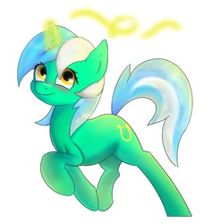 Size: 1942x2048 | Tagged: safe, artist:mizore43, lyra heartstrings, pony, g4, blushing, female, glowing horn, horn, looking up, magic, raised hoof, raised leg, simple background, smiling, solo, white background