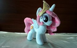 Size: 2048x1279 | Tagged: safe, artist:egalgay, princess celestia, pony, g4, cewestia, crown, cute, female, filly, handmade, irl, jewelry, photo, pink-mane celestia, regalia, solo, toy, younger