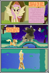 Size: 3254x4837 | Tagged: safe, artist:gutovi, applejack, fluttershy, harry, that friggen eagle, badger, bald eagle, bat pony, bear, eagle, goat, pony, comic:why me!?, g4, barricade, bat ponified, bedroom eyes, blockade, bored, comic, dialogue, flutterbat, fluttershy's cottage, high res, open mouth, race swap, speech bubble, spread wings, wingboner, wings