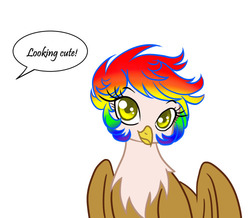 Size: 500x436 | Tagged: safe, artist:askcolorflare, oc, oc only, oc:rainbow feather, griffon, cute, griffon oc, hairstyle, interspecies offspring, magical lesbian spawn, makeover, offspring, parent:gilda, parent:rainbow dash, parents:gildash, simple background, solo, speech bubble, white background