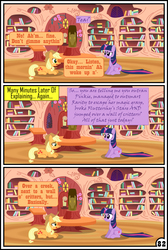 Size: 3254x4837 | Tagged: safe, artist:gutovi, applejack, twilight sparkle, alicorn, pony, comic:why me!?, g4, comic, exposition, golden oaks library, high res, prone, scrunchy face, twilight sparkle (alicorn)