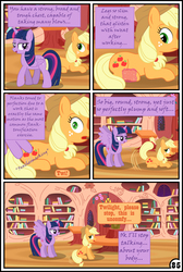 Size: 3254x4837 | Tagged: safe, artist:gutovi, applejack, twilight sparkle, alicorn, earth pony, pony, comic:why me!?, g4, bedroom eyes, butt touch, comic, compliment, cute, feathermarking, female, golden oaks library, high res, i am an adult, implied twijack, jackabetes, magic, mare, molestation, personal space invasion, sad, sadorable, spread wings, stranger danger, twiabetes, twilight sparkle (alicorn), wingboner, wings, woobie