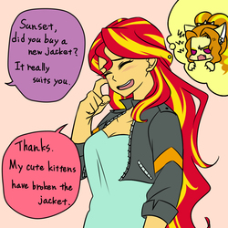 Size: 1000x1000 | Tagged: safe, artist:raika0306, adagio dazzle, sunset shimmer, equestria girls, g4, clothes, dialogue, engrish, eyes closed, implied lesbian, implied sunsagio, implied twilight sparkle, open mouth, ship:sunsagio, shipping, speech bubble