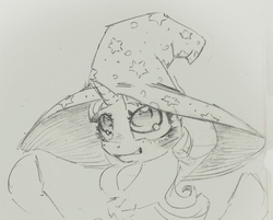 Size: 1000x802 | Tagged: safe, artist:jericoanon, starlight glimmer, pony, g4, accessory swap, blushing, cute, female, grin, hat, looking up, monochrome, smiling, solo, trixie's hat