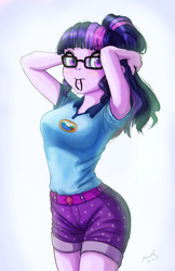Size: 1385x2132 | Tagged: safe, artist:the-park, sci-twi, twilight sparkle, equestria girls, g4, my little pony equestria girls: legend of everfree, armpits, blushing, clothes, curvy, female, glasses, hips, hourglass figure, looking at you, ponytail, shorts, solo, tying hair