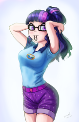 Size: 1247x1920 | Tagged: safe, alternate version, artist:the-park, sci-twi, twilight sparkle, equestria girls, g4, my little pony equestria girls: legend of everfree, armpits, blushing, clothes, curvy, female, glasses, hips, hourglass figure, human coloration, looking at you, ponytail, shirt, shorts, solo, tying hair
