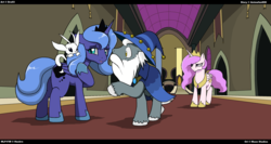 Size: 1576x837 | Tagged: safe, artist:droll3, princess celestia, princess luna, star swirl the bearded, fanfic:my little ori, g4, blushing, crossover, fanfic, fanfic art, frown, ori, ori and the blind forest, pink mane, pink-mane celestia, s1 luna, wide eyes, younger