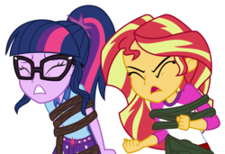 Size: 2400x1641 | Tagged: safe, artist:sketchmcreations, sci-twi, sunset shimmer, twilight sparkle, equestria girls, g4, my little pony equestria girls: legend of everfree, bondage, clothes, commission, eyes closed, fist, glasses, gritted teeth, open mouth, simple background, struggling, transparent background, trapped, vector, vine