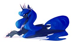 Size: 1024x594 | Tagged: safe, artist:0puntia, princess luna, pony, g4, female, prone, queen, simple background, solo, unshorn fetlocks, white background