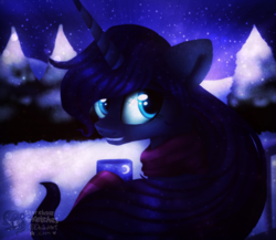 Size: 1024x887 | Tagged: safe, artist:starchasesketches, princess luna, alicorn, pony, g4, clothes, female, forest, night, scarf, snow, socks, solo, stars, striped socks, winter