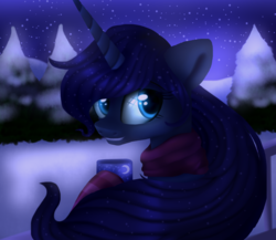 Size: 1500x1300 | Tagged: safe, artist:starchasesketches, princess luna, pony, g4, clothes, female, forest, night, scarf, snow, socks, solo, stars, striped socks, winter