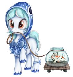 Size: 1085x1143 | Tagged: oc name needed, safe, artist:thebowtieone, oc, oc only, fish, koi, pony, female, fish bowl, leash, mare, mouth hold, no eyelashes, pet, rope, simple background, solo, transparent background