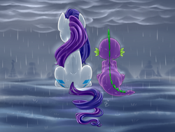 Size: 800x605 | Tagged: safe, artist:pia-sama, rarity, spike, g4, both cutie marks, cloud, commission, male, overcast, rain, rear view, ship:sparity, shipping, storm, straight