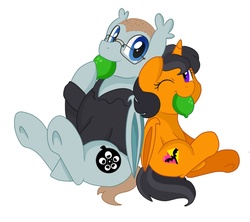 Size: 949x841 | Tagged: safe, artist:pridark, oc, oc only, oc:amanda, oc:everette filmmore, alicorn, bat pony, bat pony alicorn, pony, alicorn oc, clothes, cute, father and daughter, female, filly, film reel, glasses, jacket, leather jacket, lime, looking at you, male, one eye closed, sitting, stallion, wink