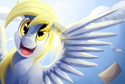 Size: 3000x2000 | Tagged: dead source, safe, artist:camyllea, derpy hooves, pegasus, pony, g4, cloud, crepuscular rays, cute, female, happy, high res, looking at you, mail, mare, open mouth, sky, solo, spread wings, sun, sunlight