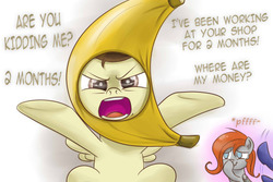 Size: 540x360 | Tagged: safe, artist:poundcakemlp2000, artist:redheadfly, pound cake, oc, oc:blazing sky, oc:lucky fly, g4, angry, banana, banana suit, cute, food, fruit, grammar error, laughing, older