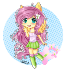 Size: 1937x2237 | Tagged: safe, artist:wolfchen999, fluttershy, rabbit, equestria girls, g4, blushing, boots, chibi, clothes, cute, female, open mouth, ponied up, shyabetes, skirt, socks, solo, tank top, wings