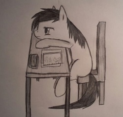 Size: 679x649 | Tagged: safe, artist:sachiko765, oc, oc only, pony, black and white, chair, classroom, grayscale, missing cutie mark, monochrome, school, sitting, solo, traditional art