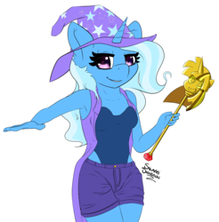 Size: 2321x2357 | Tagged: safe, artist:salamishowdown, trixie, anthro, g4, armpits, clothes, female, high res, leotard, scepter, shorts, simple background, solo, transparent background, twilight scepter