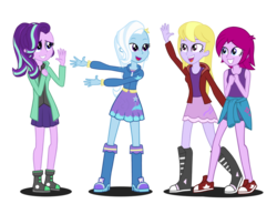 Size: 1024x754 | Tagged: safe, artist:drawingaccount, fuchsia blush, lavender lace, starlight glimmer, trixie, equestria girls, g4, boots, clothes, cute, equestria girls-ified, female, group, high heel boots, hoodie, jacket, pleated skirt, quartet, shoes, shorts, simple background, skirt, sneakers, socks, tank top, transparent background, trixie and the illusions, vector
