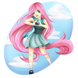 Size: 2000x2000 | Tagged: safe, artist:alphab33, fluttershy, human, g4, clothes, cloud, cute, female, heart hands, high res, humanized, mary janes, moe, pony coloring, scarf, shoes, shyabetes, skirt, socks, solo