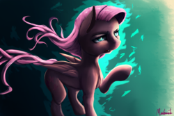 Size: 1800x1200 | Tagged: safe, artist:miokomata, fluttershy, pony, g4, annoyed, badass, fangs, female, flutterbadass, looking at you, raised hoof, solo, windswept hair, windswept mane