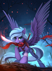 Size: 1660x2290 | Tagged: safe, artist:yakovlev-vad, oc, oc only, pegasus, pony, clothes, holding, looking at you, not luna, patreon reward, scarf, slender, solo, spread wings, sword, thin, weapon