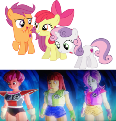 Size: 1351x1411 | Tagged: safe, apple bloom, scootaloo, sweetie belle, human, saiyan, g4, character creation, crossover, cutie mark, cutie mark crusaders, dragon ball, dragon ball xenoverse, dragon ball xenoverse 2, dragon ball z, humanized, the cmc's cutie marks