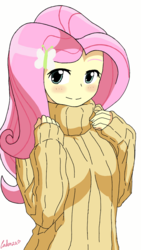 Size: 720x1280 | Tagged: safe, artist:leone di cielo, fluttershy, equestria girls, g4, blushing, clothes, cute, female, looking at you, shyabetes, solo, sweater, sweatershy