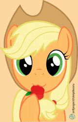 Size: 639x1000 | Tagged: safe, artist:arifproject, derpibooru exclusive, applejack, earth pony, pony, g4, :3, animated, apple, arif's scrunchy pone, cute, female, food, gif, hat, jackabetes, looking at you, mare, munching, nom, orange background, simple background, solo, that pony sure does love apples, vector