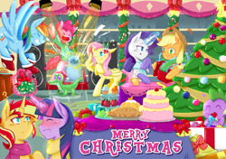 Size: 1280x900 | Tagged: safe, artist:aka-ryuga, applejack, fluttershy, pinkie pie, rainbow dash, rarity, spike, sunset shimmer, twilight sparkle, alicorn, pony, g4, alternate clothes, apple, blushing, cake, christmas, christmas tree, clothes, female, food, gift wrapped, hearth's warming, lesbian, link in description, mane seven, mane six, mistletoe, party, party cannon, pie, scarf, ship:sunsetsparkle, shipping, tree, twilight sparkle (alicorn)