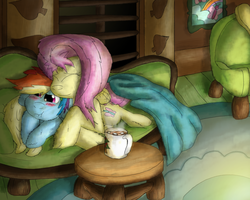 Size: 3236x2588 | Tagged: safe, artist:firefanatic, fluttershy, rainbow dash, g4, blanket, blushing, chocolate, couch, cuddling, cute, floppy ears, fluffy, fluttershy's cottage, food, high res, hot chocolate, hug, scrunchy face, snuggling, winghug