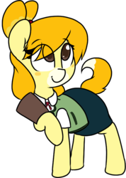 Size: 482x678 | Tagged: safe, artist:lockheart, dog, animal crossing, animal crossing: new leaf, clipboard, clothes, isabelle, looking up, ponified, skirt, solo