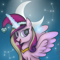 Size: 1000x1000 | Tagged: safe, artist:victoria-luna, princess cadance, pony, g4, constellation, crescent moon, female, hat, moon, night, night sky, santa hat, solo, stars, transparent moon