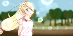 Size: 1366x685 | Tagged: safe, artist:161141, applejack, human, g4, beautiful, blushing, bubble, clothes, cute, female, flower, flower in hair, hatless, humanized, missing accessory, shirt, solo