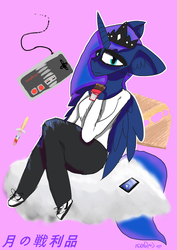 Size: 1024x1448 | Tagged: safe, artist:itzdatag0ndray, princess luna, android, anthro, g4, cheese, clothes, cloud, distressed, ear fluff, female, food, grilled cheese, long mane, nike, nintendo, nintendo entertainment system, pink background, simple background, solo, text, torn clothes