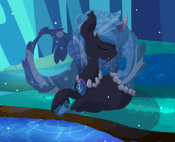 Size: 2000x1632 | Tagged: safe, artist:xsidera, oc, oc only, oc:marinus, original species, pond pony, male, prone, solo, stallion, water